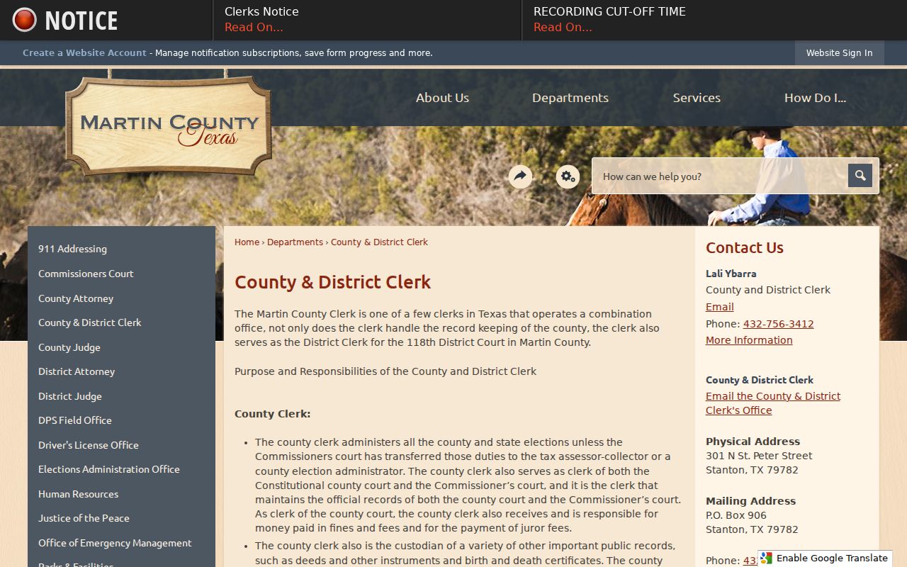 Martin County criminal history County and District Clerk page