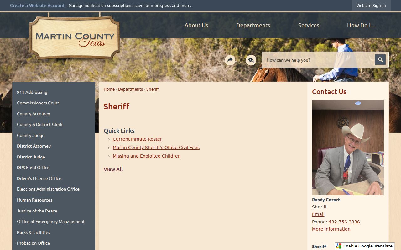 Martin County criminal history sheriff and jail contact page