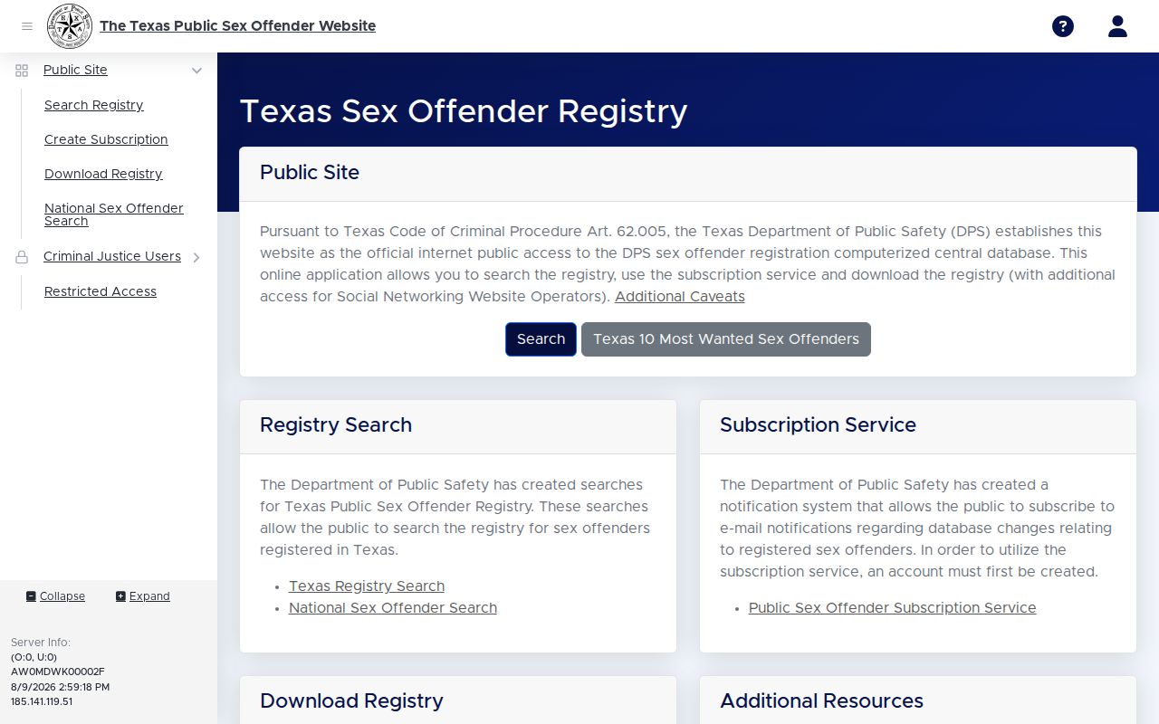 Texas registry interface for a Martin County offender check